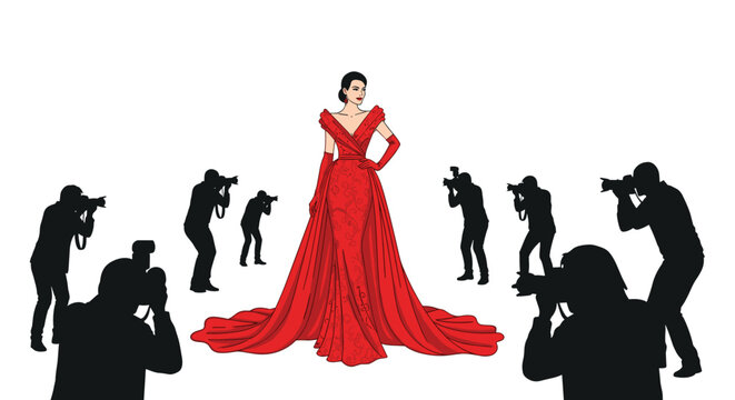 A woman in a dramatic red evening gown is being photographed by numerous silhouetted paparazzi against a white background.