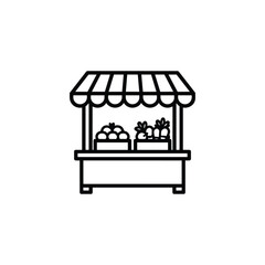 Naklejka premium Farming market stall black and white vector icon farming produce stand illustration for organic farm shop and farmers market