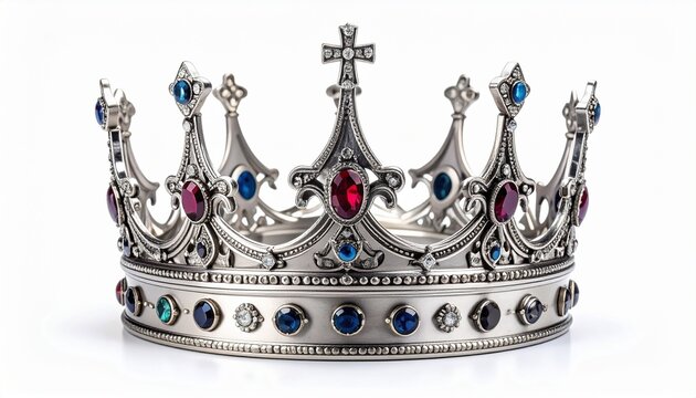 Ornate silver crown with gemstones, symmetrical arches converging at top cross, symbolizing royalty, authority, and ceremonial importance.