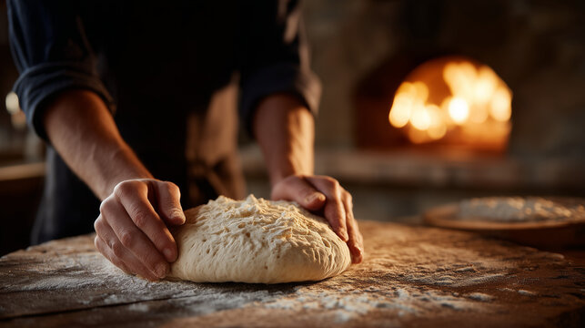 Hands stretching heritage grain pizza dough on wooden peel beside wood fired oven with flour clouds in warm bakery, ideal for artisan baking and modern culinary craft theme cinematic color correctio