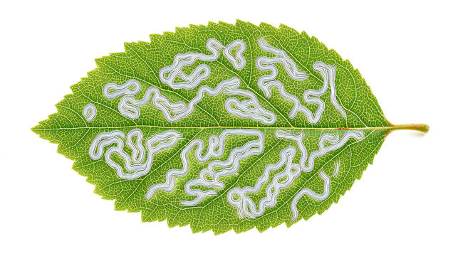 Leaf with visible white tunnels created by leaf miner insects. Concept of pest infestation, plant damage and agricultural challenges.