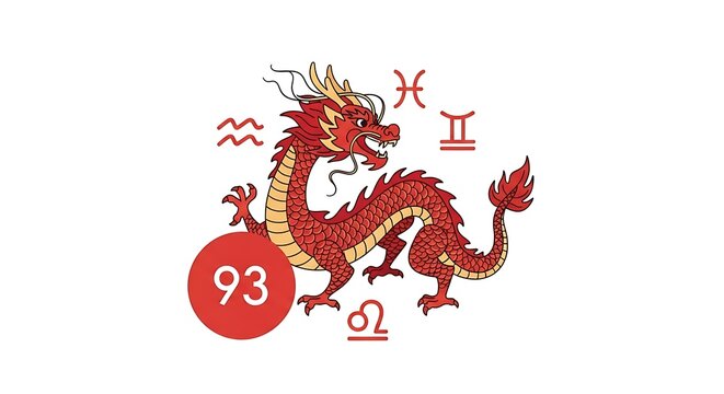 A vibrant red Chinese dragon illustration with zodiac symbols and a circular number 93 on a white background