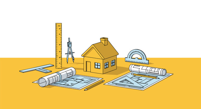 Architectural drafting tools and a small house model are arranged on a yellow and white background.