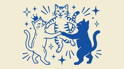 Fototapeta premium Cute dancing cats illustration with playful cartoon style minimal line art characters and fun animal design perfect for kids graphics stickers and creative projects
