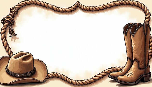 Cowboy hat and boots with lasso rope form border. Blank copy space for text. Western theme design element perfect for invitations or posters.