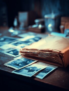 Old cold case file folder with faded vintage photographs on a desk
