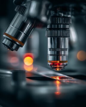 Close up of laboratory microscope with glowing red light on slides