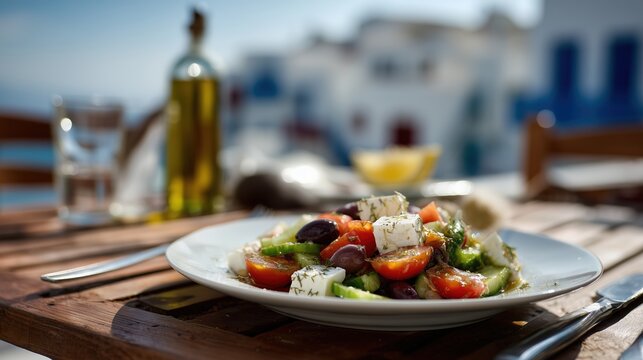 Salade grecque traditionnelle servie sur une terrasse m&eacute;diterran&eacute;enne
