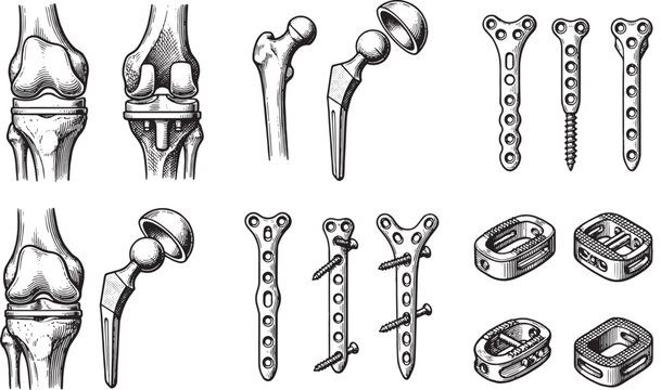 Anatomy illustration of diverse surgical joint implants, including knee, hip and spinal components, illustrating various options.