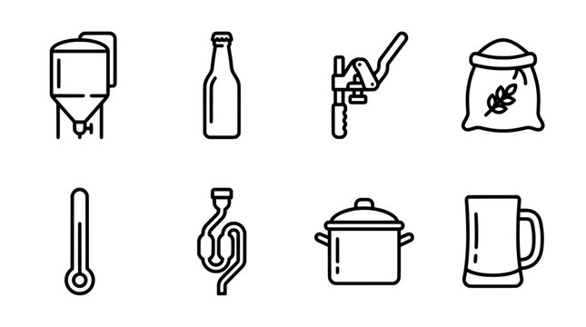 Brewing process icons fermentation tank bottle capper grain sack thermometer