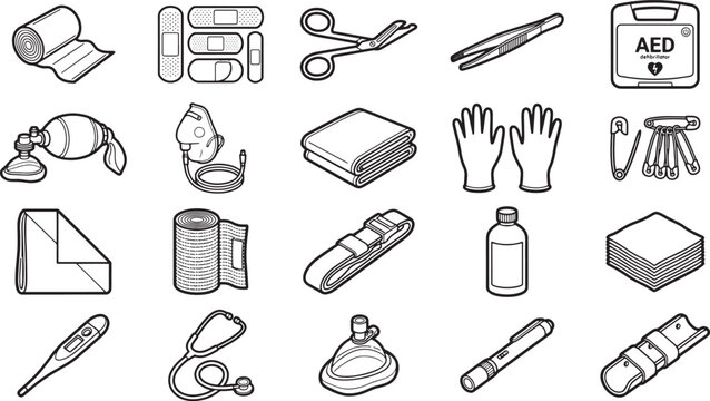 An array of essential medical equipment and first aid supplies are arranged neatly. These tools symbolize the critical care and rapid response necessary in emergency situations.