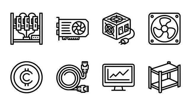 Computer hardware icons gpu psu cooling fan and cryptocurrency elements