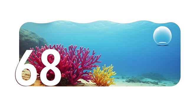 A vibrant underwater scene with colorful coral, the sun's rays filtering through the water. A number 68 appears overlaid
