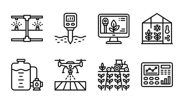 Modern agriculture technologies irrigation monitoring and harvesting illustrations