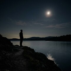 Fototapeta premium Silhouetted against the vast expanse of a starlit night sky, a solitary individual finds a moment of serene contemplation by the tranquil moonlit lake