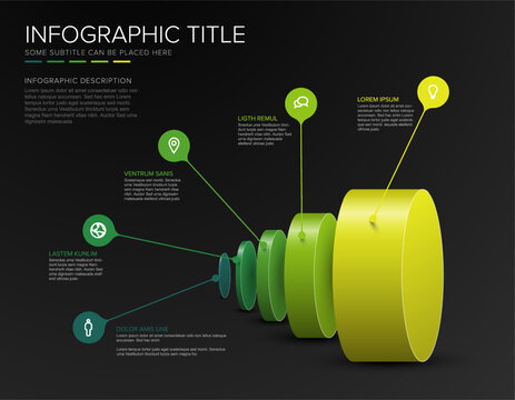 This modern 3D infographic features five green cylinders for data visualization. Use this infographic to present a professional business process with a clear infographic layout.