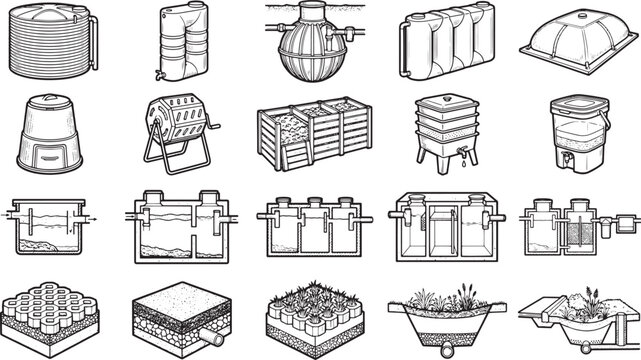 A collection of technical drawings and schematics of various wastewater treatment components and systems, depicting complex engineering concepts.
