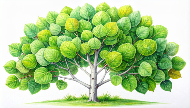 Detailed aspen tree illustration: populus tremula botanical art