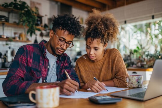 Young diverse couple reviewing monthly budget and financial papers at home