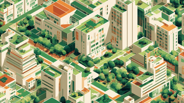 minimal sustainable city isometric illustration, green eco-friendly urban architecture, climate change adaptation urban design