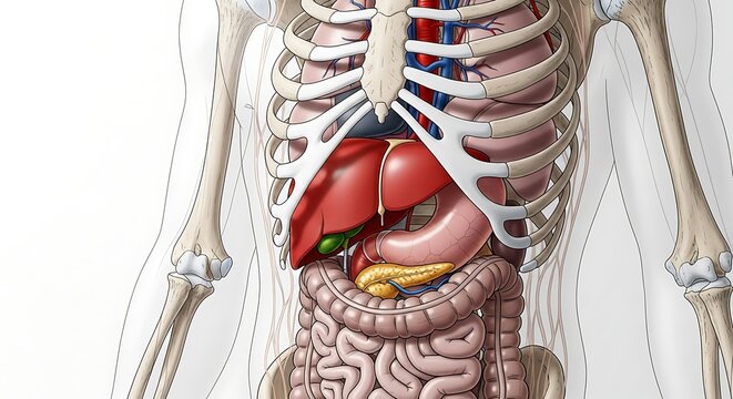 Anatomical illustration showing the human abdominal organs and the surrounding skeletal structure