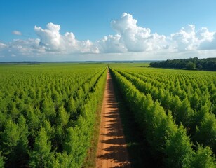 Naklejka premium Rows of young green eucalyptus trees stretch to horizon under blue sky with clouds. Dirt road cuts through vast forest plantation. Aerial perspective of nature agriculture and growth.