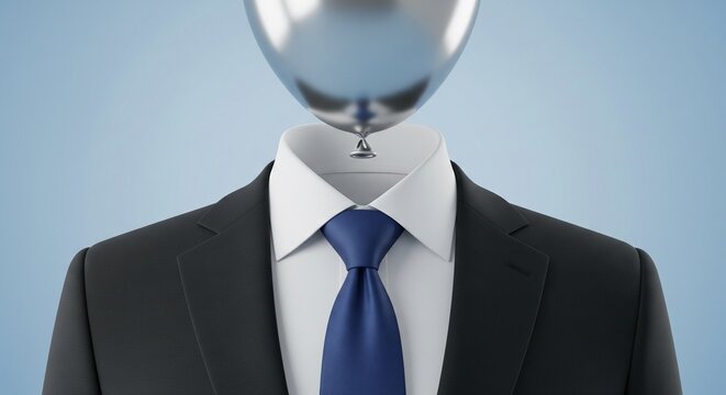 Mannequin Suit with Blue Tie and Silver Balloon Head Mockup, Surreal Business Concept, Isolated on Light Blue Background, Copy Space for Text