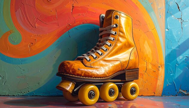 Bright orange roller skate with yellow wheels, high-top design and white laces, brown sole, placed against vibrant mural background of swirling orange, pink, blue, and red patterns, retro nostalgic at