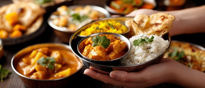 A woman serves an indian thali with rice, chicken, and vegetables while sharing a meal with others in a bright setting