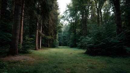 Obraz premium A serene forest clearing bathed in d d sunlight surrounded by lush green trees and dense woodland