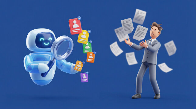 Advanced AI robot scanning job candidates while overwhelmed HR manager is throwing paper resumes