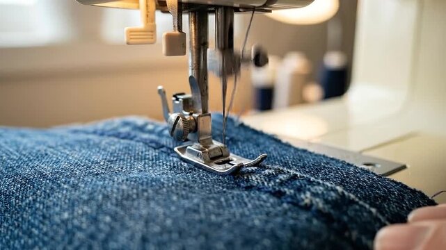Sewing machine repair cafe denim stitch closeup tailoring thread needle stitching denim fabric close up blue textile mending cozy craft workshop