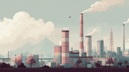 Obraz premium industrial carbon emissions minimal illustration, factory air pollution smoke concept art, global warming climate change vector