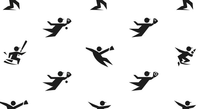 Seamless pattern of black baseball player silhouettes in various action poses on a white background, depicting batting, catching, and fielding.