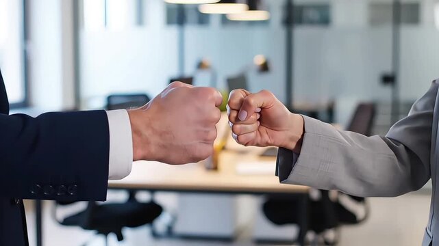 Two supportive colleagues in business attire bump fists in a gesture of solidarity in a modern office with a blurred background