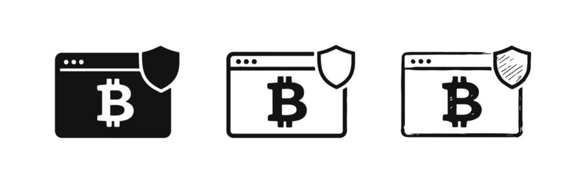 Secure Bitcoin Browser and Cryptocurrency Protection Icons, Web Page with Bitcoin Symbol and Shield Emblem