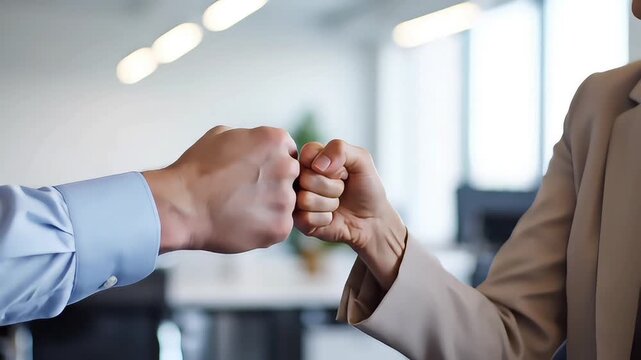 Two business colleagues bumping fists in a supportive gesture in a modern office with a blurred background and natural light