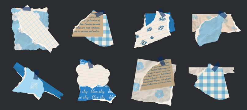 Collection of blue scrapbook torn paper set. Retro paper decor. Scraps of blue vintage wrapping paper, postcards. Vector design template for design collage.