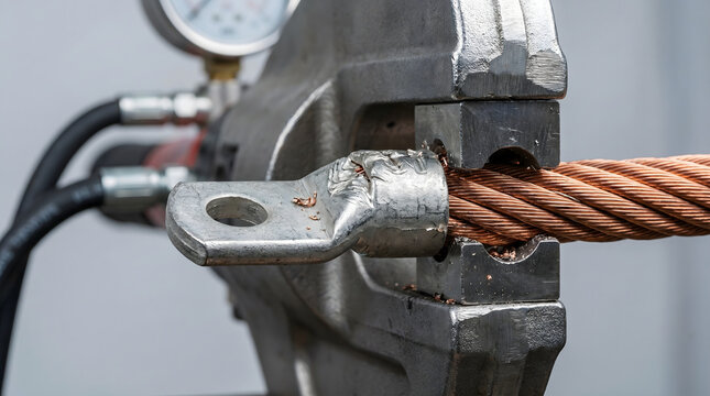 Close-up of a hydraulic crimper applying an electrical lug to a heavy-duty braided copper cable.