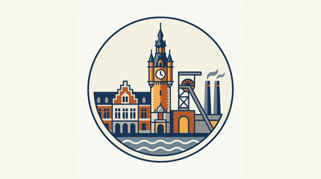 Vintage Industrial Cityscape With Clock Tower and Mining Headframe