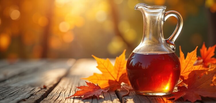 Glass pitcher of amber maple syrup sits on rustic wooden table. Autumn leaves surround carafe filled with sweet liquid. Warm sunlight filters through trees.