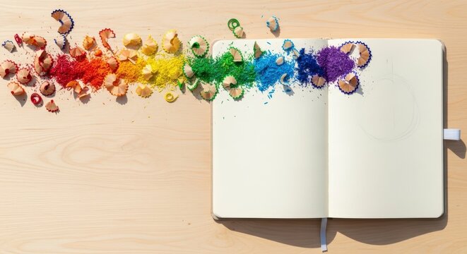 Rainbow colors exploding from notebook pages.