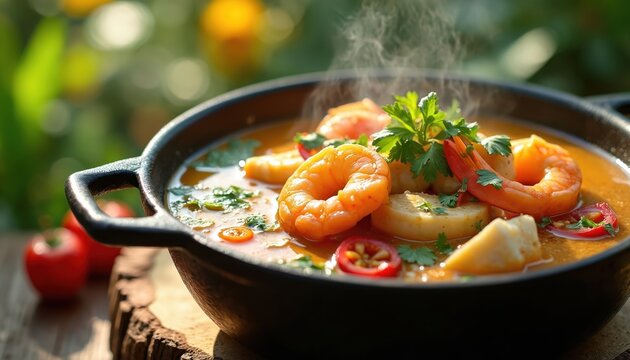 Hot moqueca soup with shrimp, fish, and vegetables steams in a rustic pot. Served outdoors with blurred tropical garden background. Delicious seafood stew.