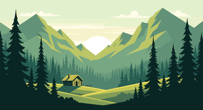 Cozy Cabin Nestled in a Serene Mountain Valley Landscape.