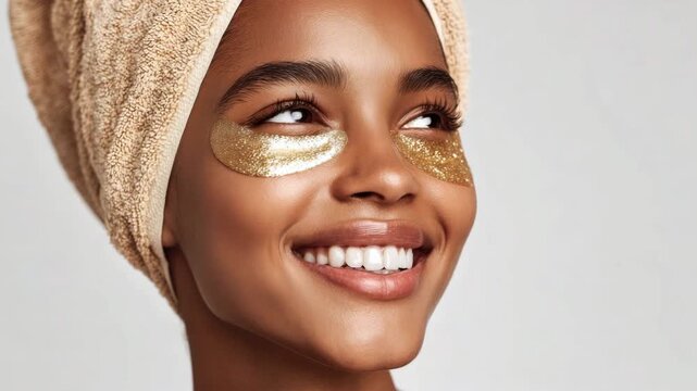 Face of smiling young African woman with shimmering golden eye patches, on light background. A girl takes care of her facial skin after a shower, beauty routine concept