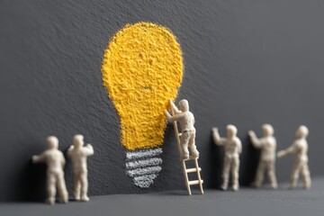 Illuminating Ideas: Miniature figures collaborate to bring a vibrant lightbulb idea to life, symbolizing the collective effort behind innovation and creative thinking.