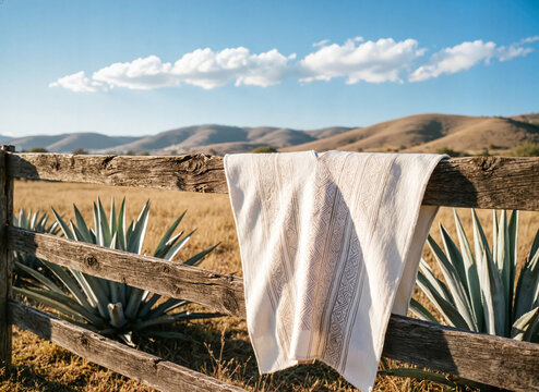 traditional white poncho with pattern in the Mexican countryside