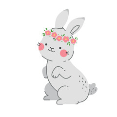Obraz premium Cute bunny wearing flower crown. Kawaii rabbit with pink floral wreath isolated on white