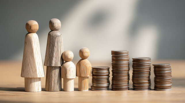 Wooden family figures with stacks of coins on table representing financial planning savings and generational wealth concept ideal for banking and insurance visuals
