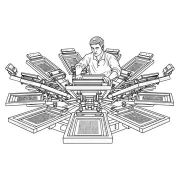 Vintage Illustration of Printer Operator Managing Multi-Unit Offset Printing Press in Action